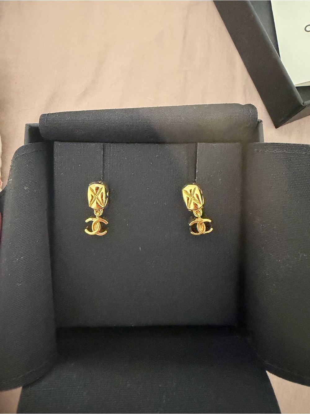 CHANEL Gold CC Drop Earrings with Geometric Motif